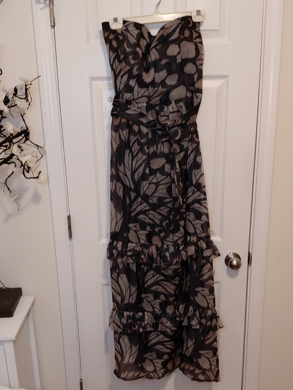 Anthropologie Strapless Floral Maxi Dress in Black and Taupe
